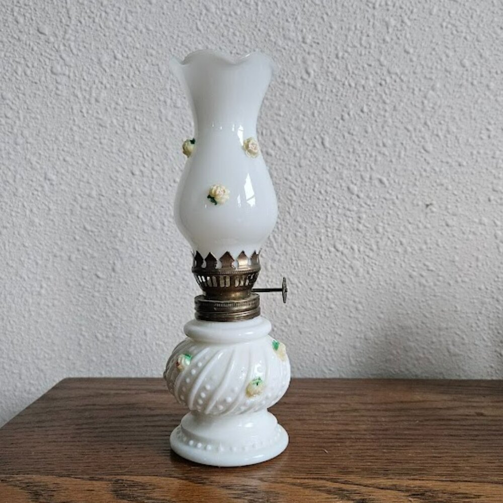 Vintage Kerosene Lamp Milk Glass Hobnail with 3D Flowers